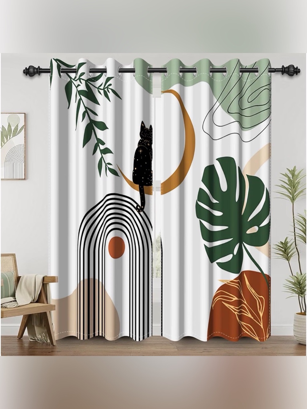 Modern Botanical Cat Print Grommet Curtains - White & Green (2 Panels)